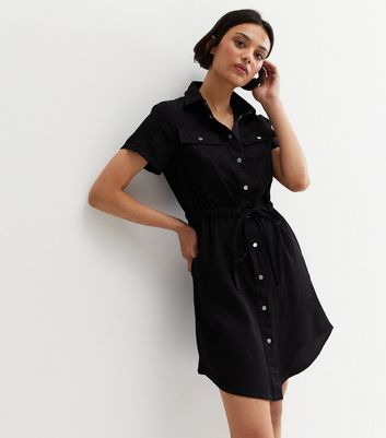 Black Denim Tie Waist Mini Shirt Dress New Look