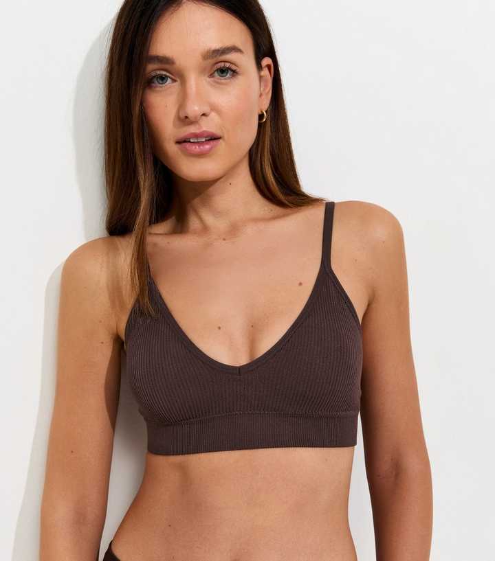 Brown Seamless Ribbed Jersey V-Neck Bra