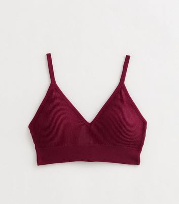 Burgundy Seamless Ribbed Jersey V-Neck Bra | New Look