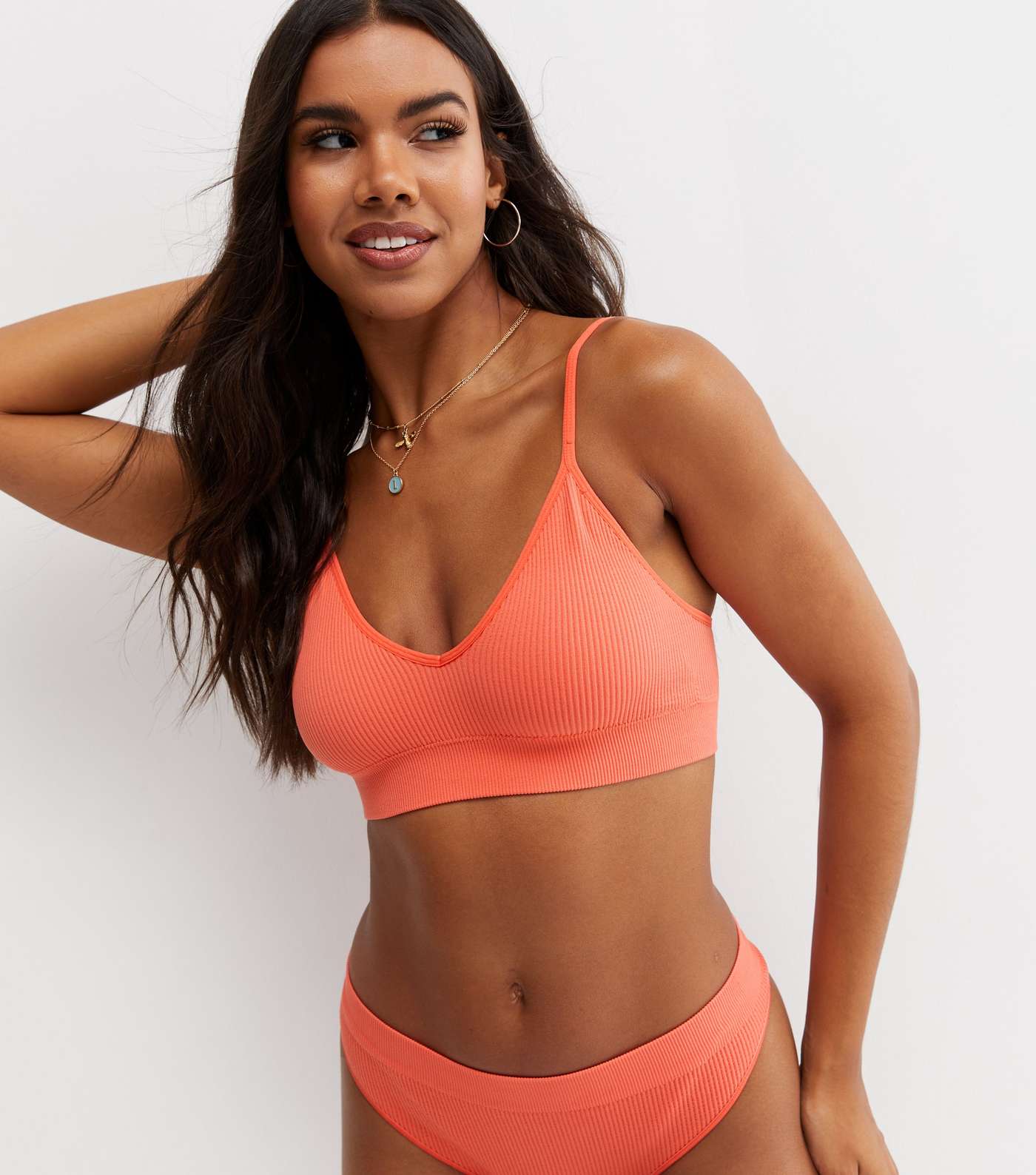 Coral Ribbed Seamless Bralette Image 3