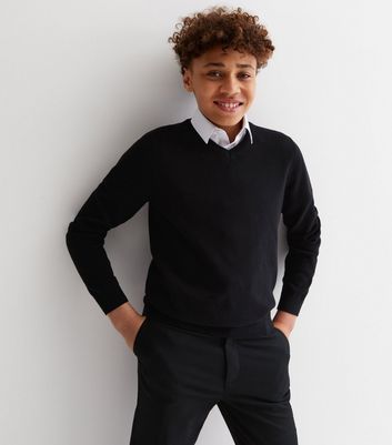 Boys Black V Neck School Jumper New Look