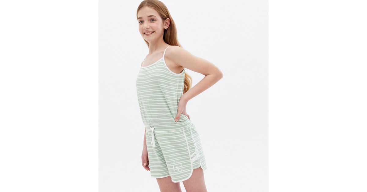Girls Green Stripe Tie Waist LA Logo Playsuit | New Look