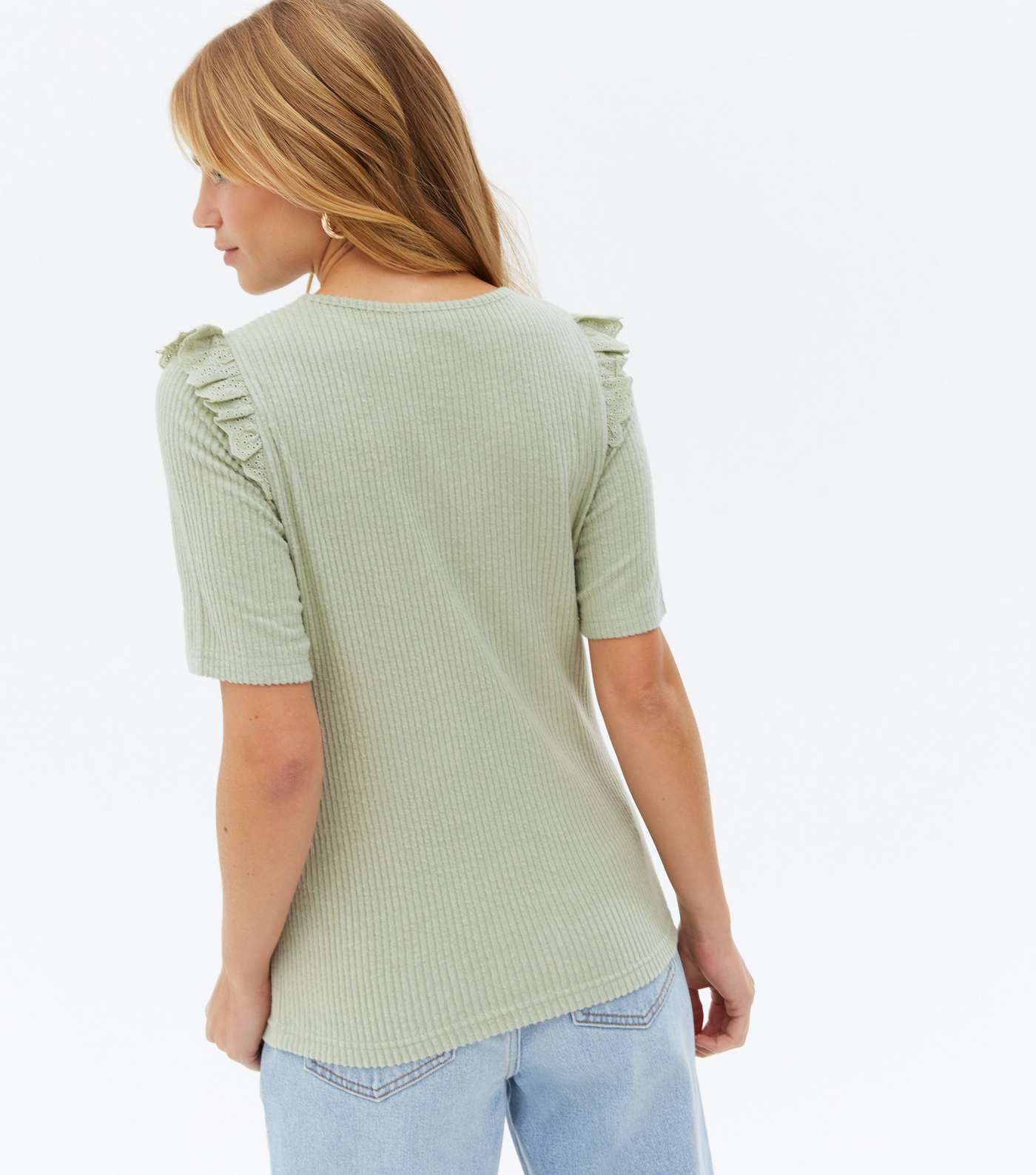 Light Green Fine Knit Broderie Frill Trim T-Shirt Image 4
