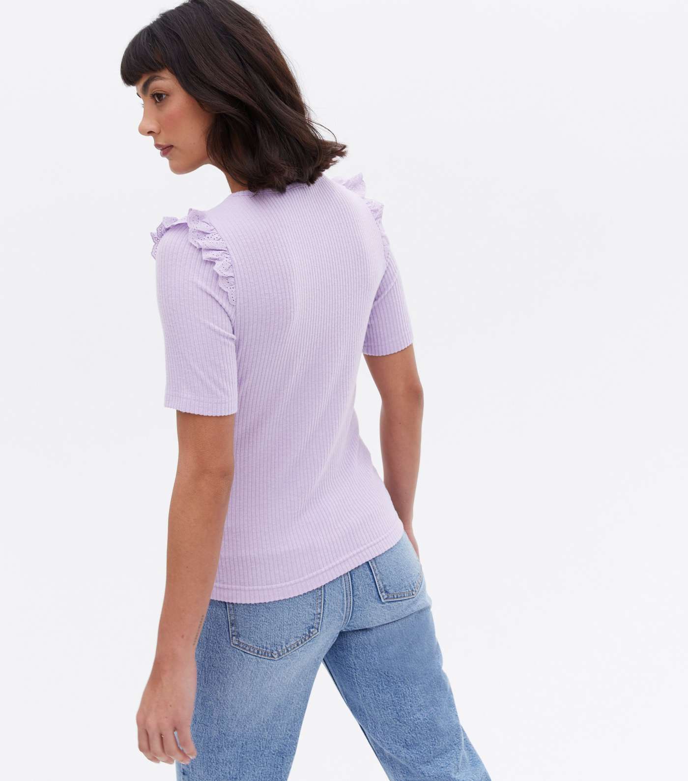 Lilac Fine Knit Broderie Frill Trim T-Shirt Image 4
