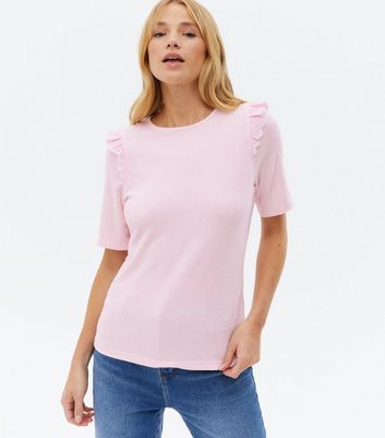 Pink Fine Knit Broderie Frill Trim T Shirt New Look