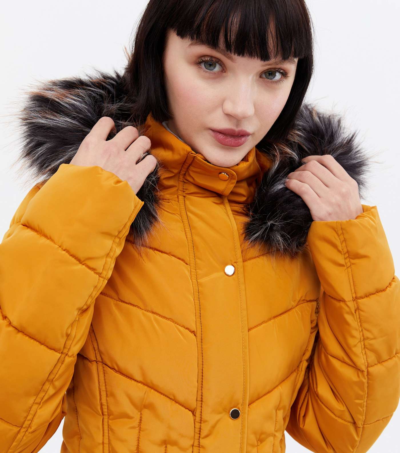 Blue Vanilla Mustard Fitted Faux Fur Hooded Puffer Jacket
