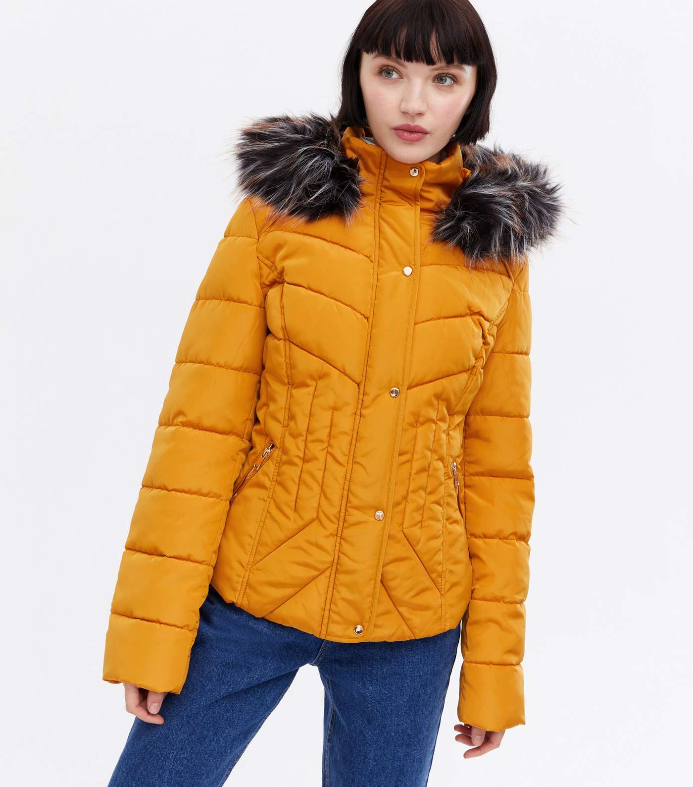 Blue Vanilla Mustard Fitted Faux Fur Hooded Puffer Jacket Image 3