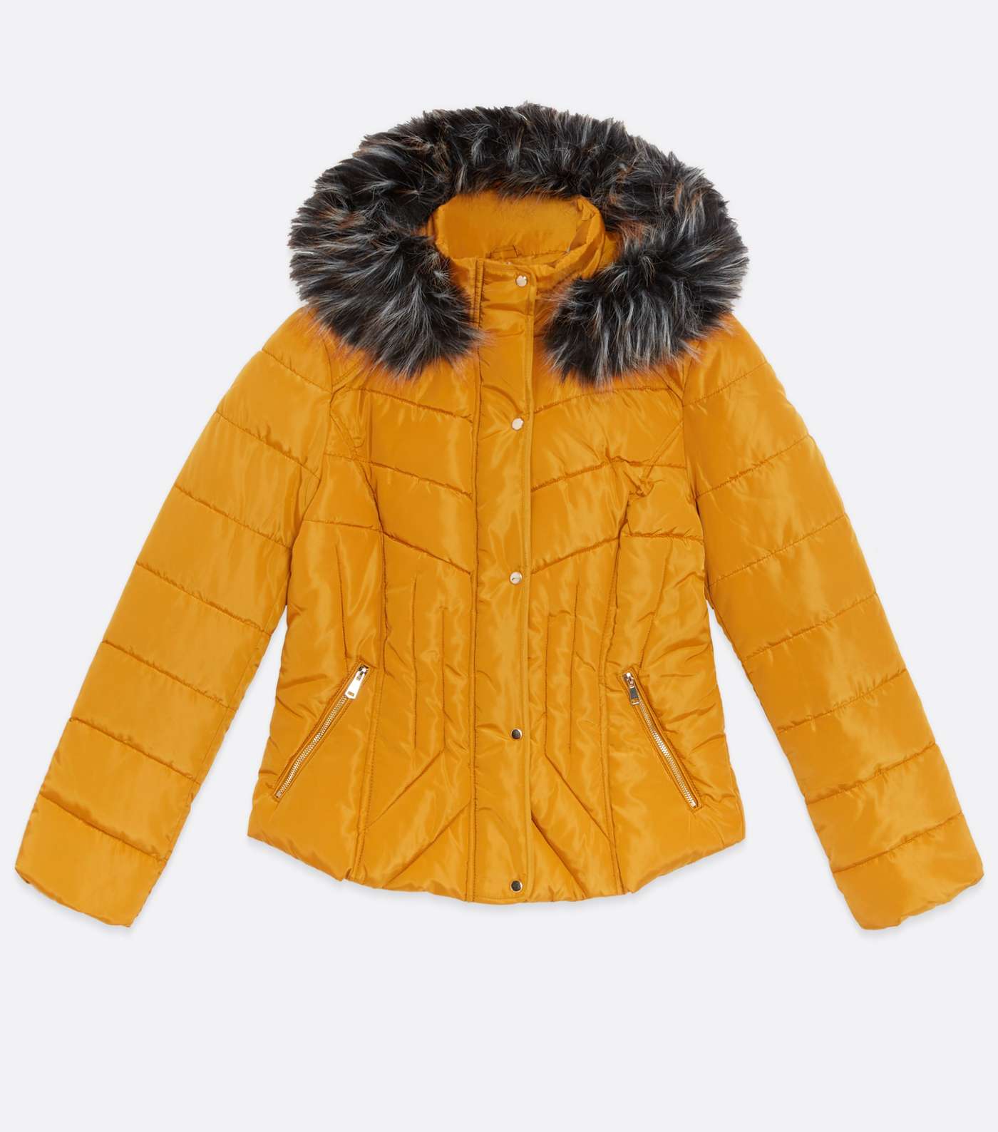 Blue Vanilla Mustard Fitted Faux Fur Hooded Puffer Jacket Image 5