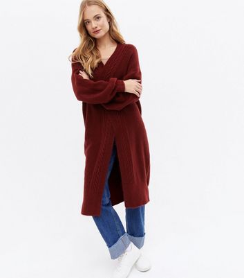 Click to view product details and reviews for Sunshine Soul Burgundy Cable Knit Long Cardigan New Look.