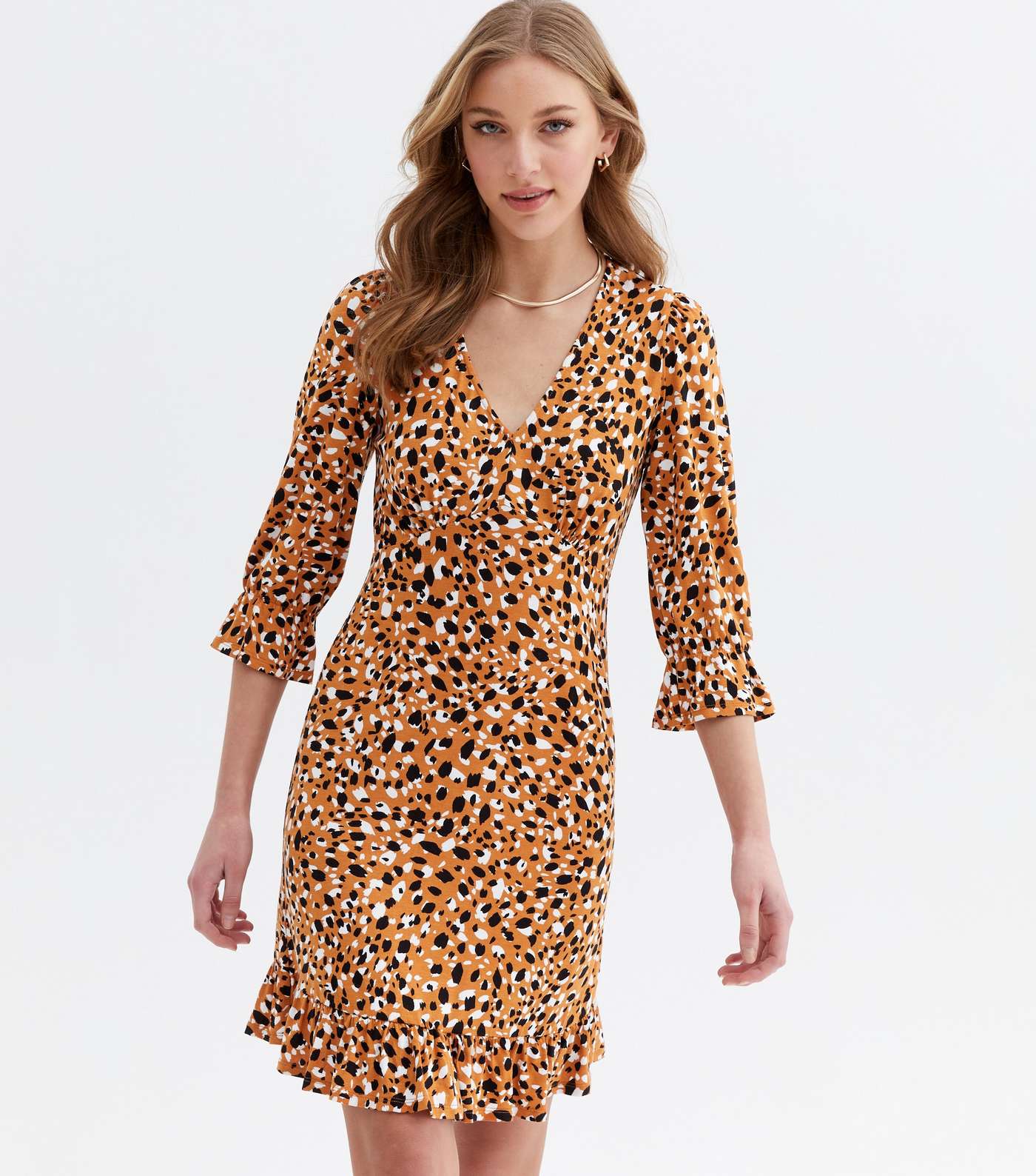 Brown Leopard Print Frill V Neck Mini Dress