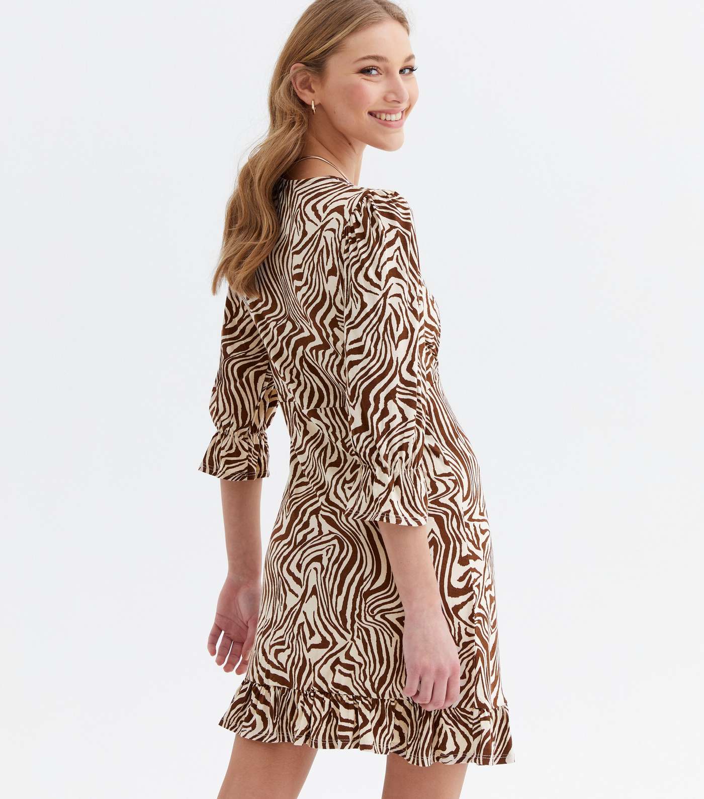 Brown Zebra Print Frill V Neck Mini Dress Image 4
