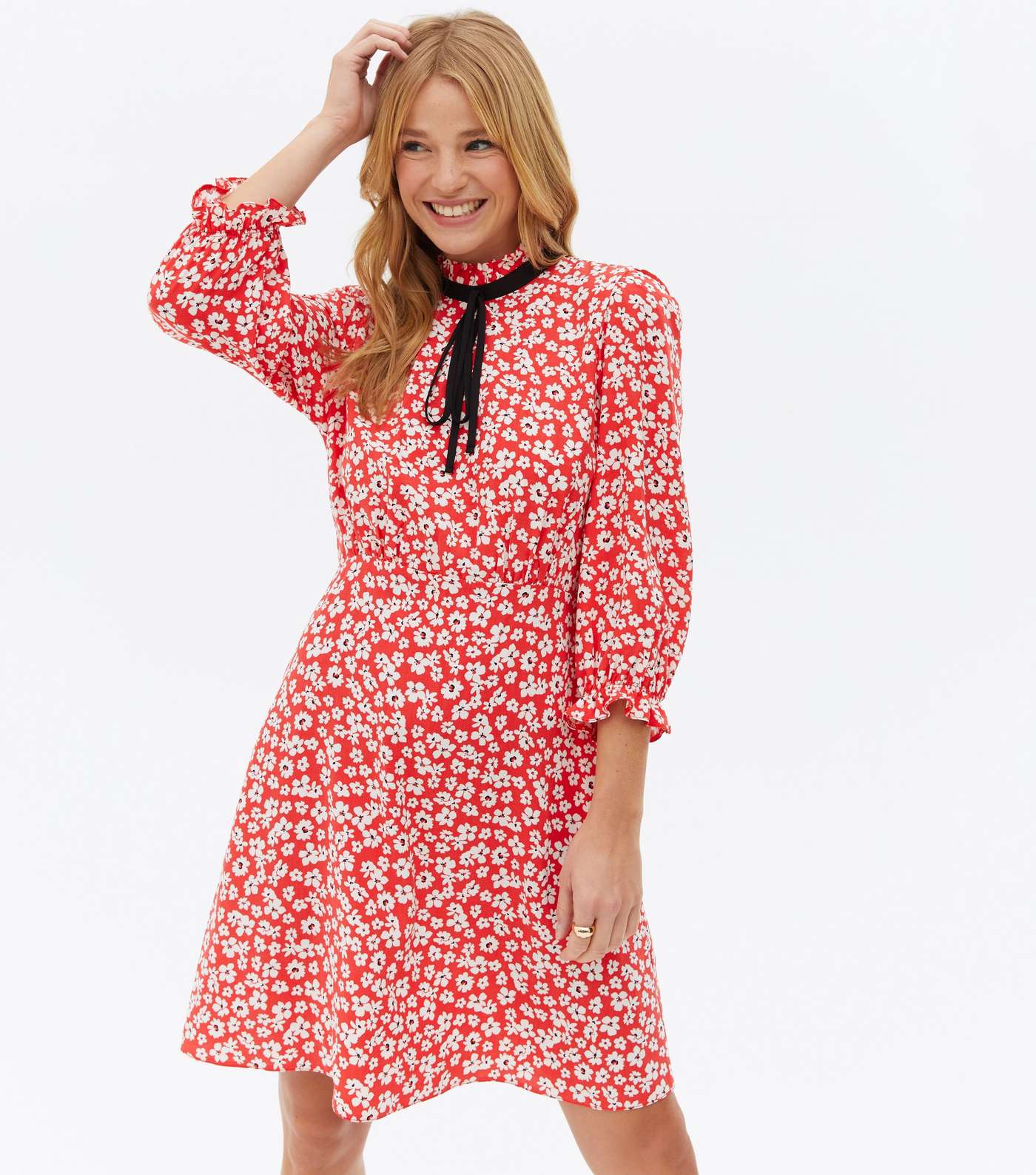 Red Ditsy Floral Tie High Neck Mini Dress