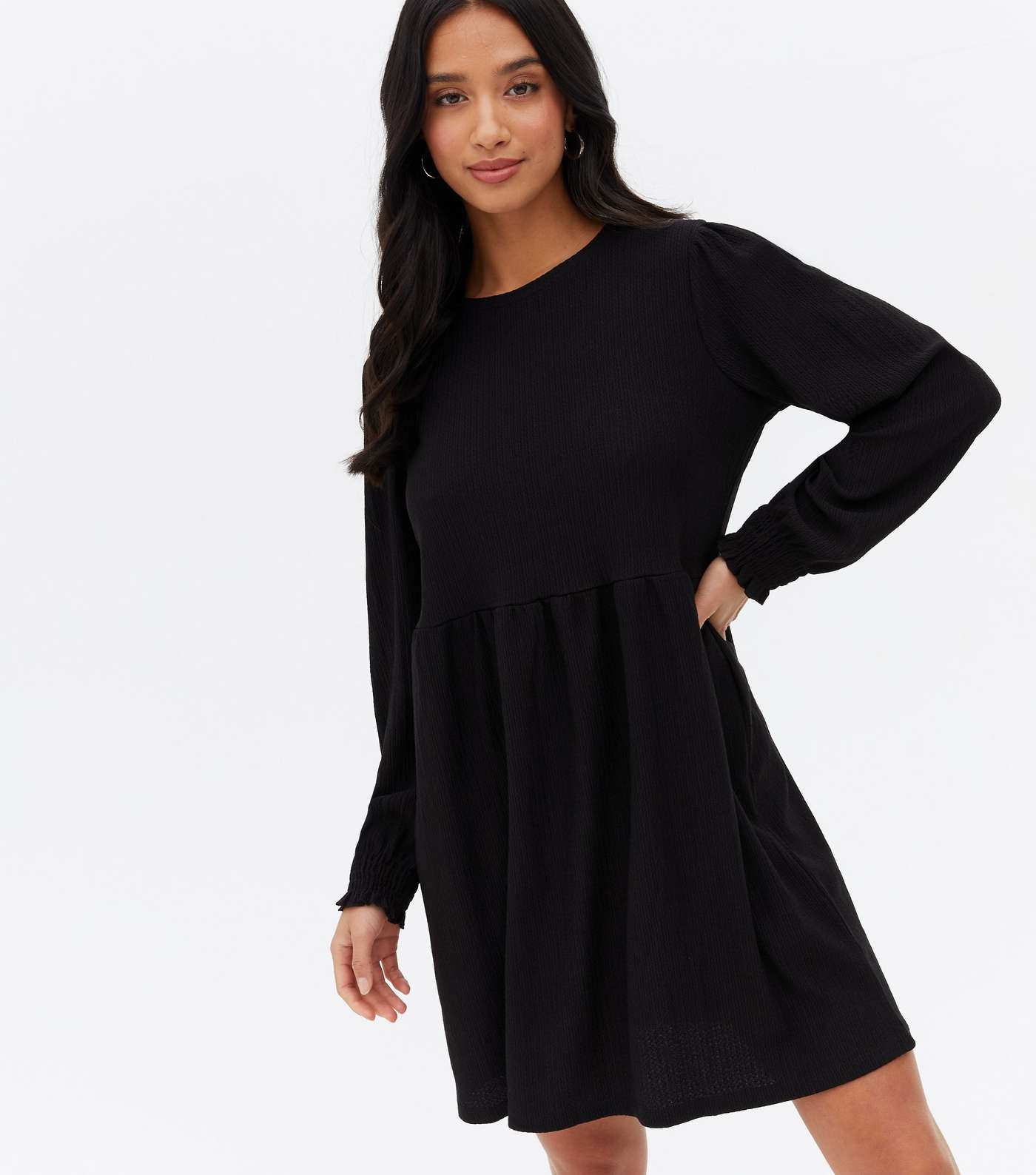 Petite Black Crinkle Jersey Long Sleeve Mini Oversized Smock Dress