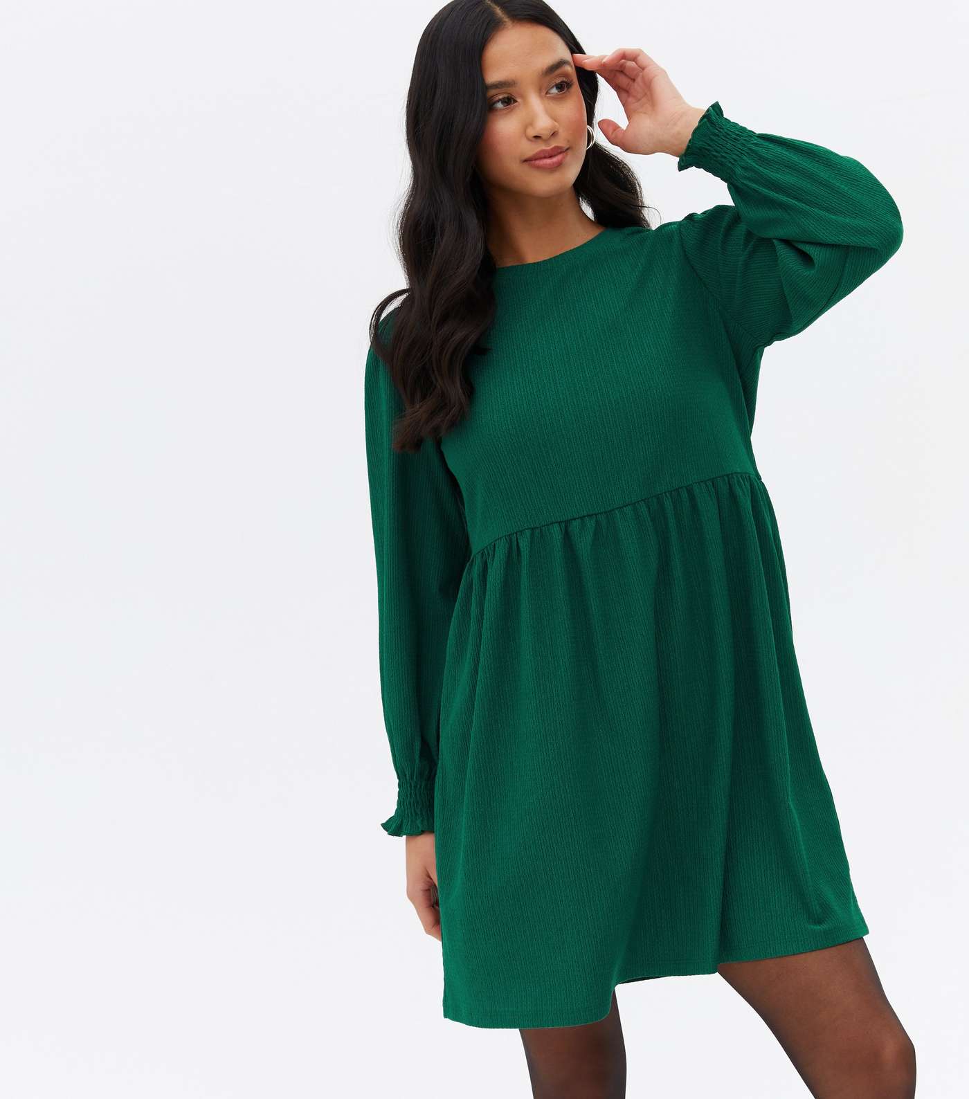 Petite Dark Green Crinkle Jersey Long Sleeve Mini Oversized Smock Dress Image 2