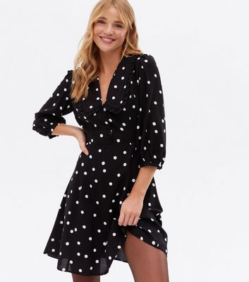 Black Spot Frill Collar Mini Tea Dress New Look