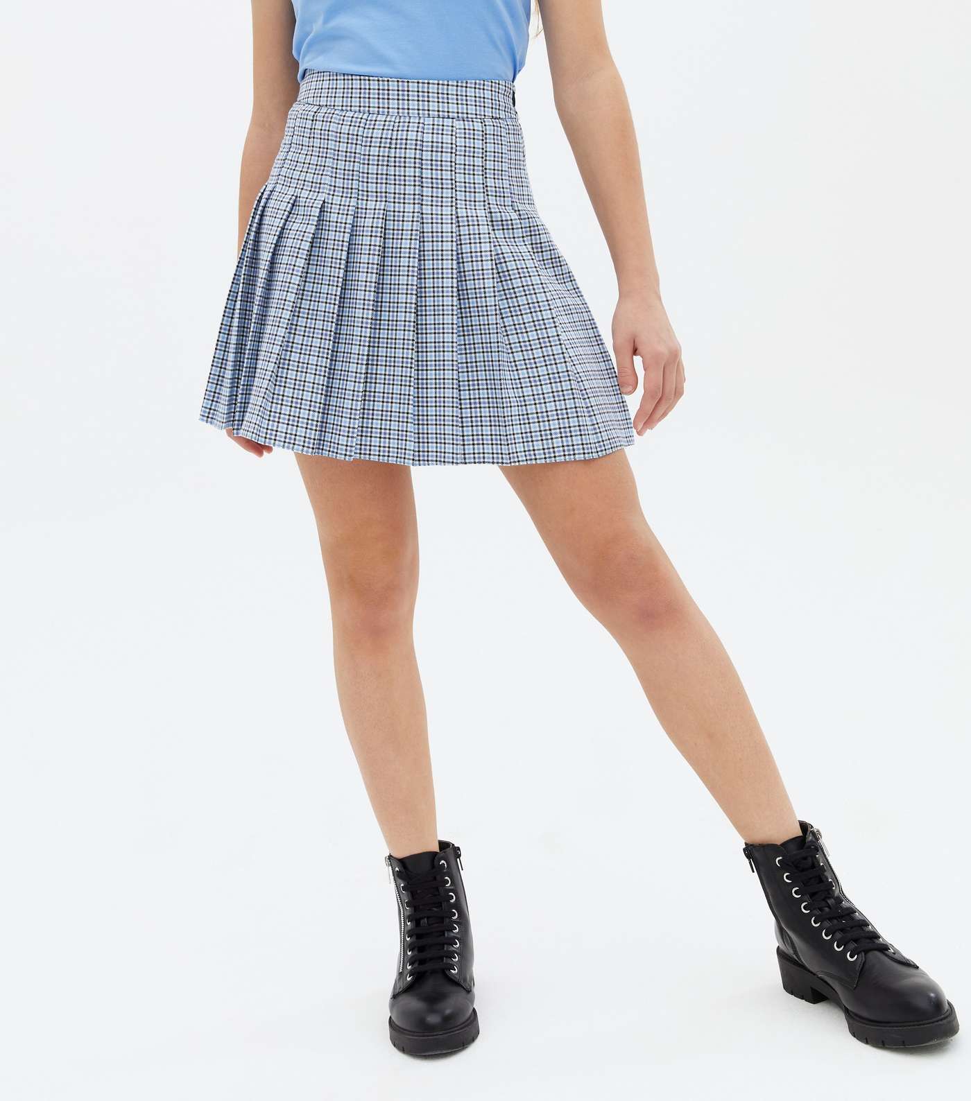 Girls Pale Blue Check Pleated Tennis Skirt Image 2