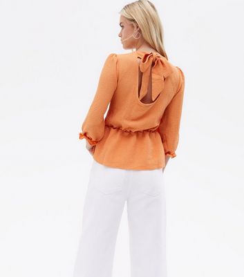Damen Bekleidung Petite Bright Orange Textured Tie Back Peplum Blouse