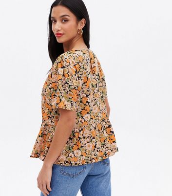 Petite Orange Floral Crepe Peplum Blouse New Look