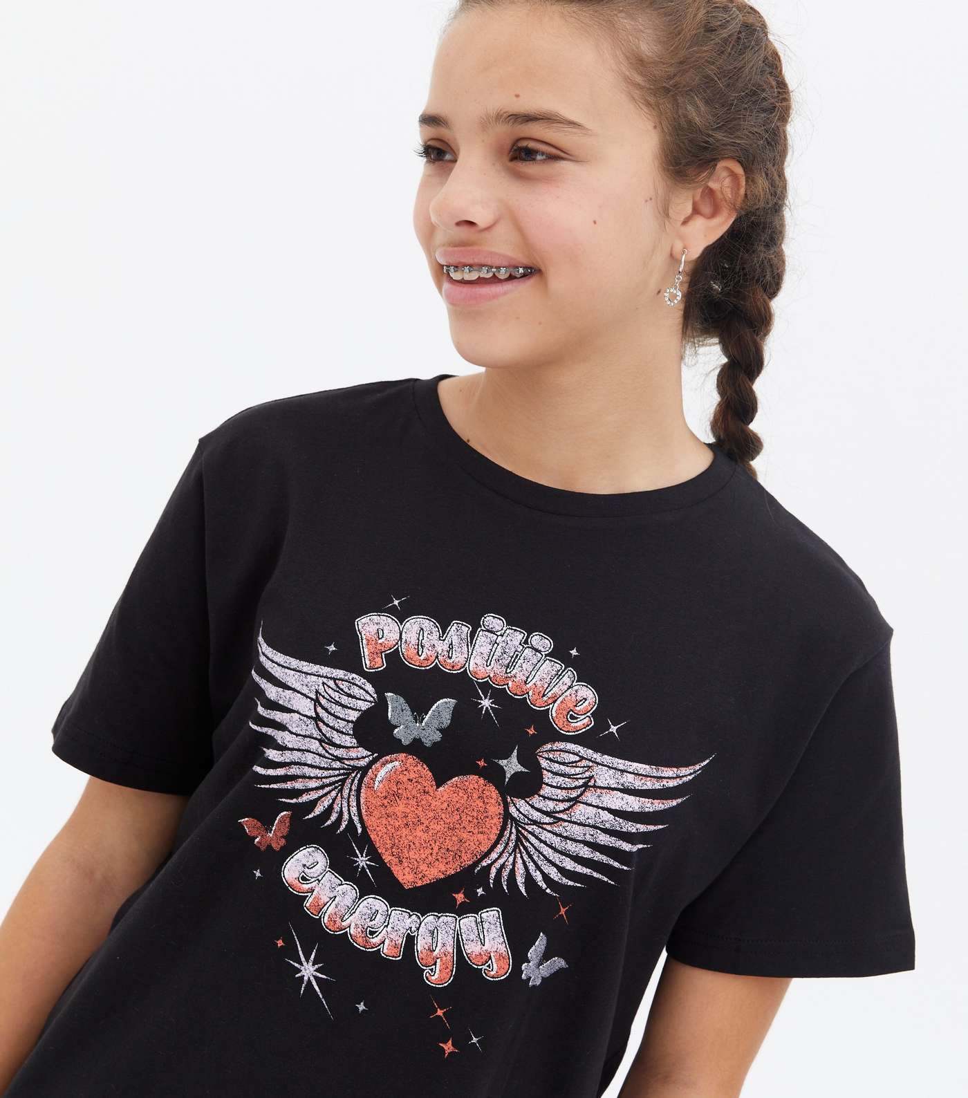 Girls Black Heart Positive Energy Logo T-Shirt Image 3