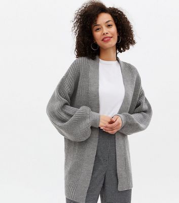 Tall Grey Knit Puff Sleeve Cardigan New Look