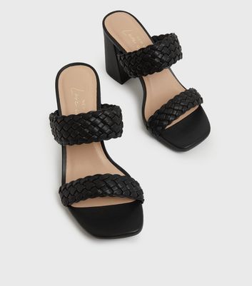 Black Leather Look Plaited 2 Part Block Heel Mules New Look