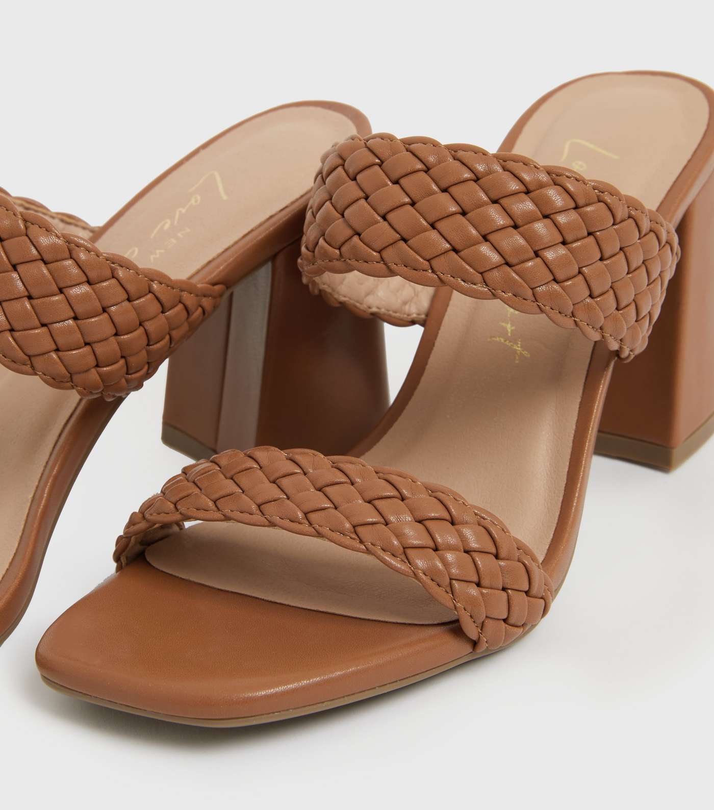 Tan Leather-Look Plaited 2 Part Block Heel Mules Image 4