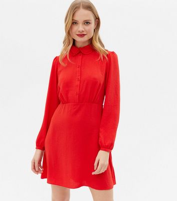 Red Herringbone Frill Collar Mini Shirt Dress New Look