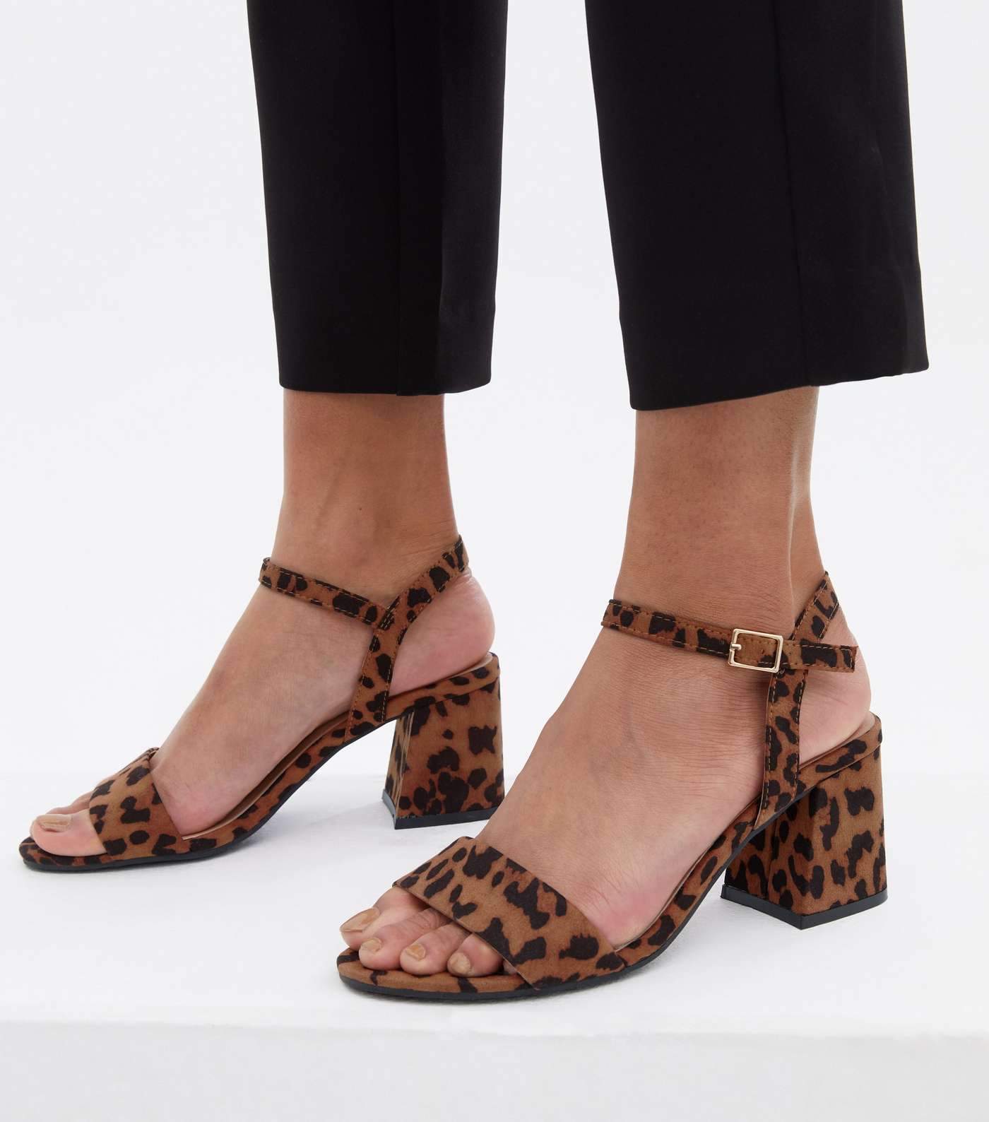 Brown Leopard Print Suedette Open Toe Block Heel Sandals Image 2