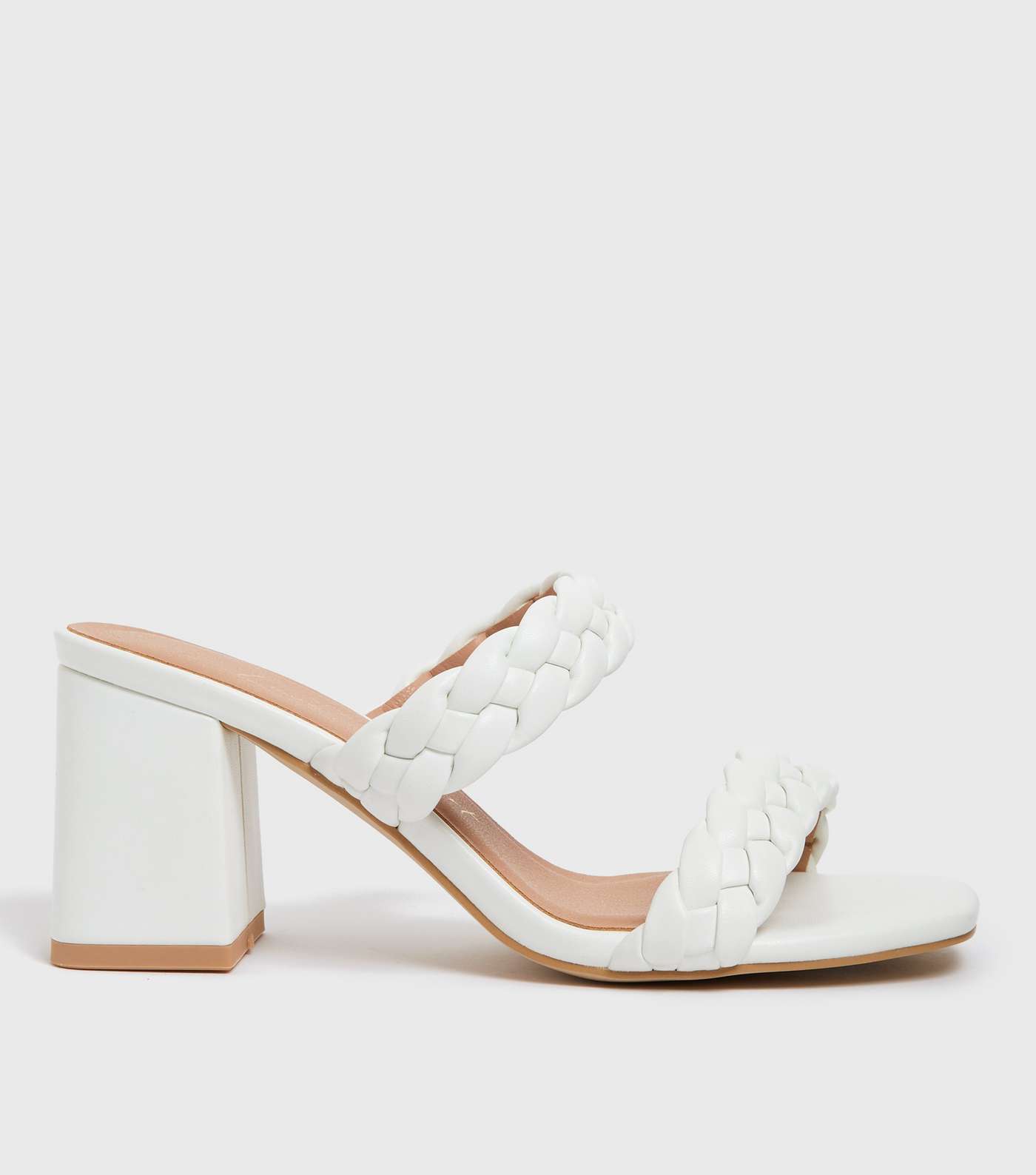 Wide Fit White Plaited Double Strap Block Heel Mules