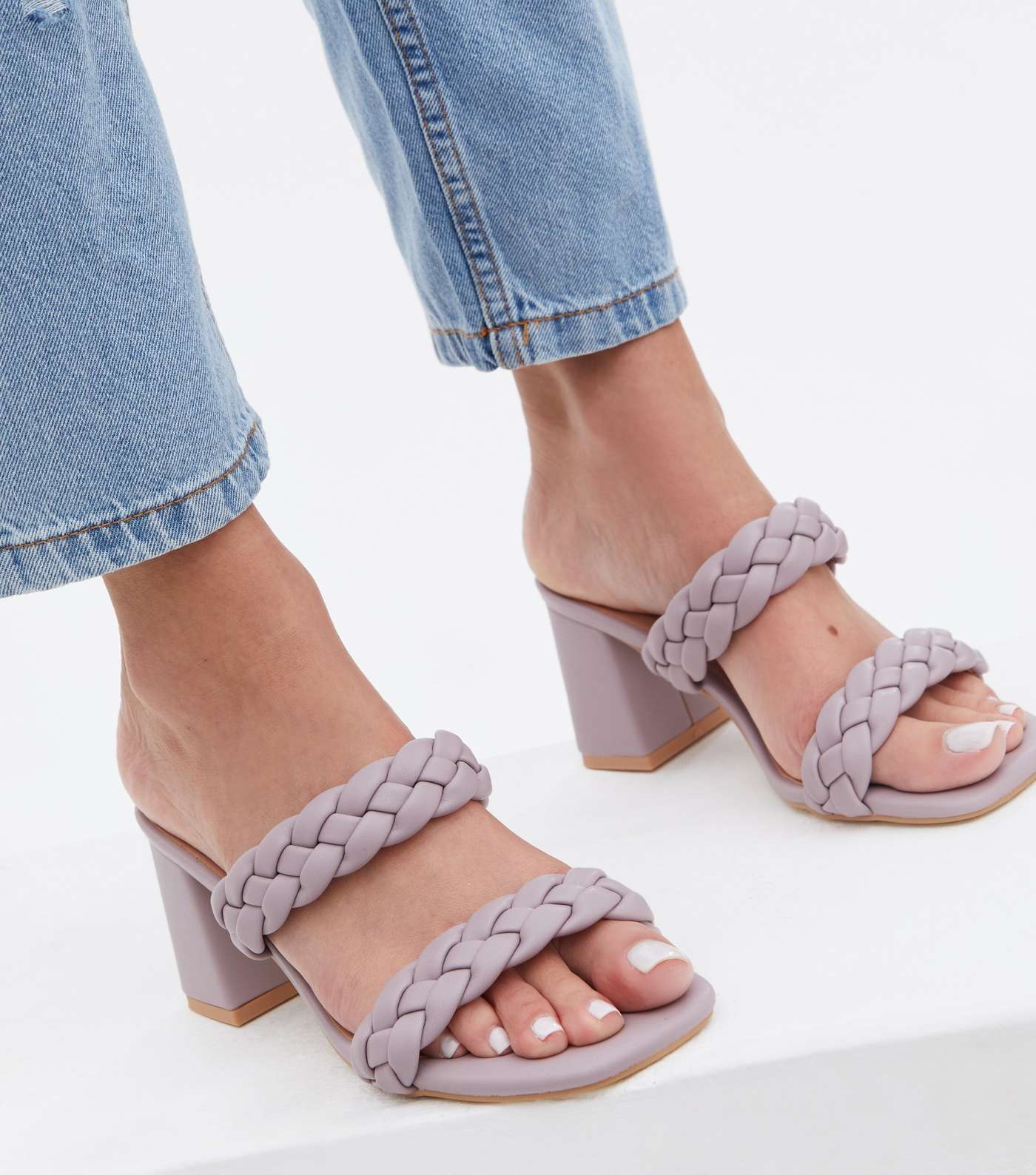 Wide Fit Lilac Plaited Double Strap Block Heel Mules Image 2