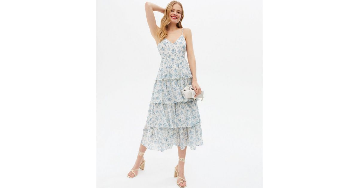 Blue Floral Chiffon Tiered Midi Dress | New Look