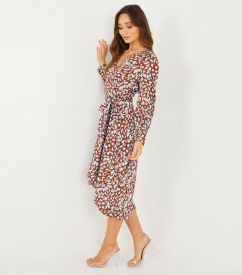 Damen Bekleidung QUIZ Rust Leopard Print Dip Hem Midi Wrap Dress