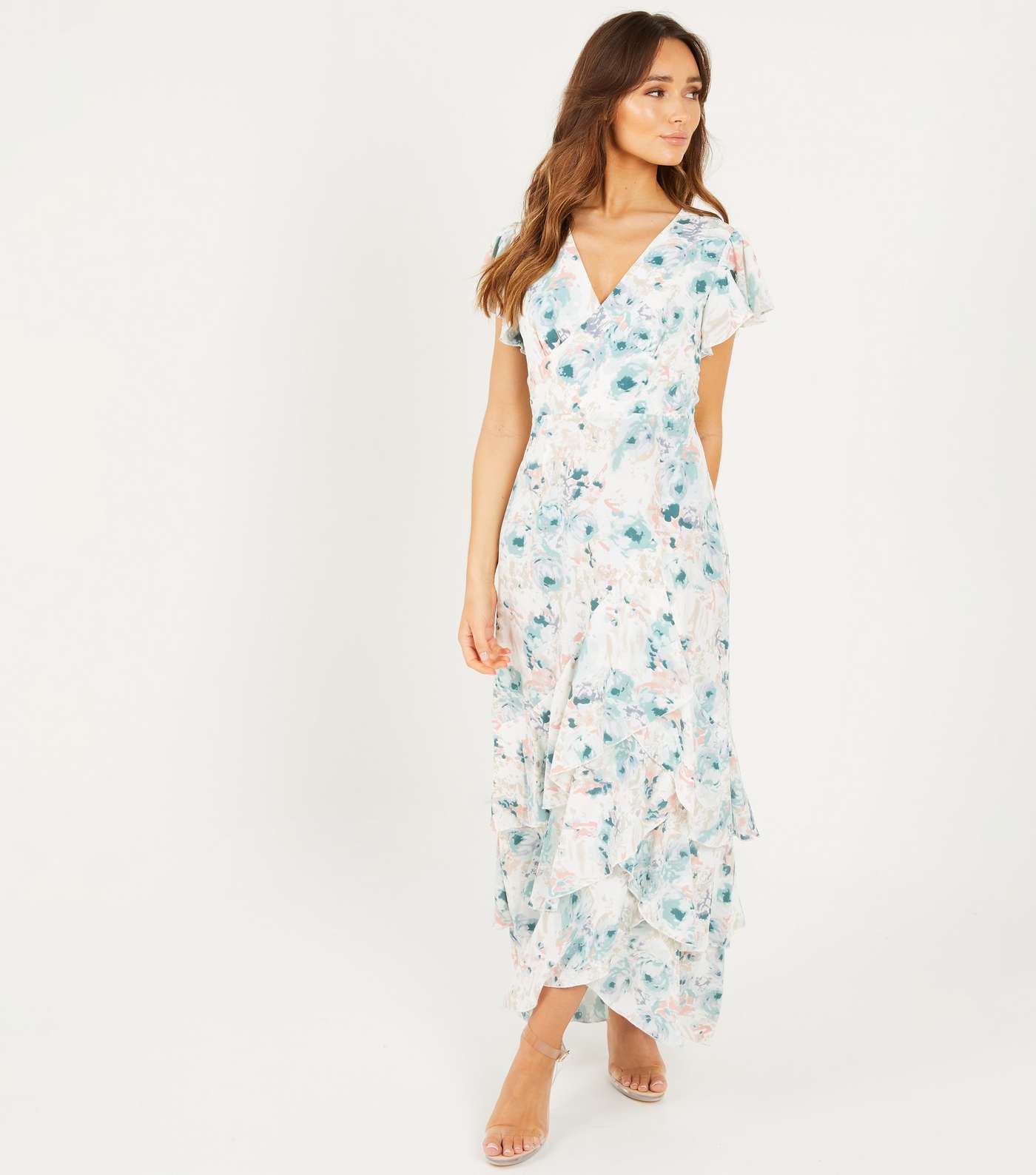 QUIZ White Floral Flutter Sleeve Tiered Maxi Dress