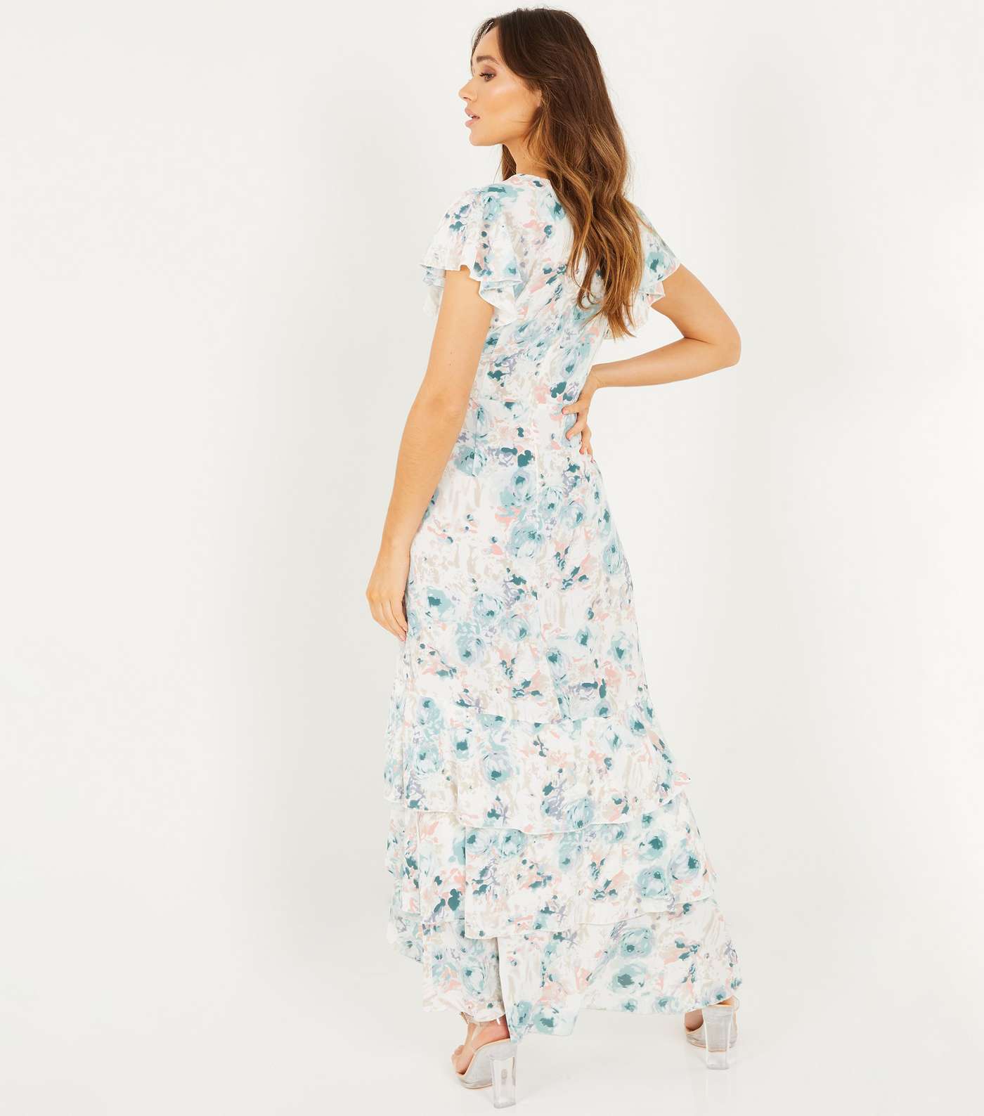 QUIZ White Floral Flutter Sleeve Tiered Maxi Dress Image 3
