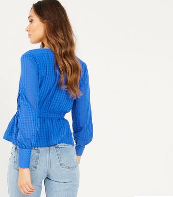 Quiz Bright Blue Check Wrap Peplum Blouse New Look