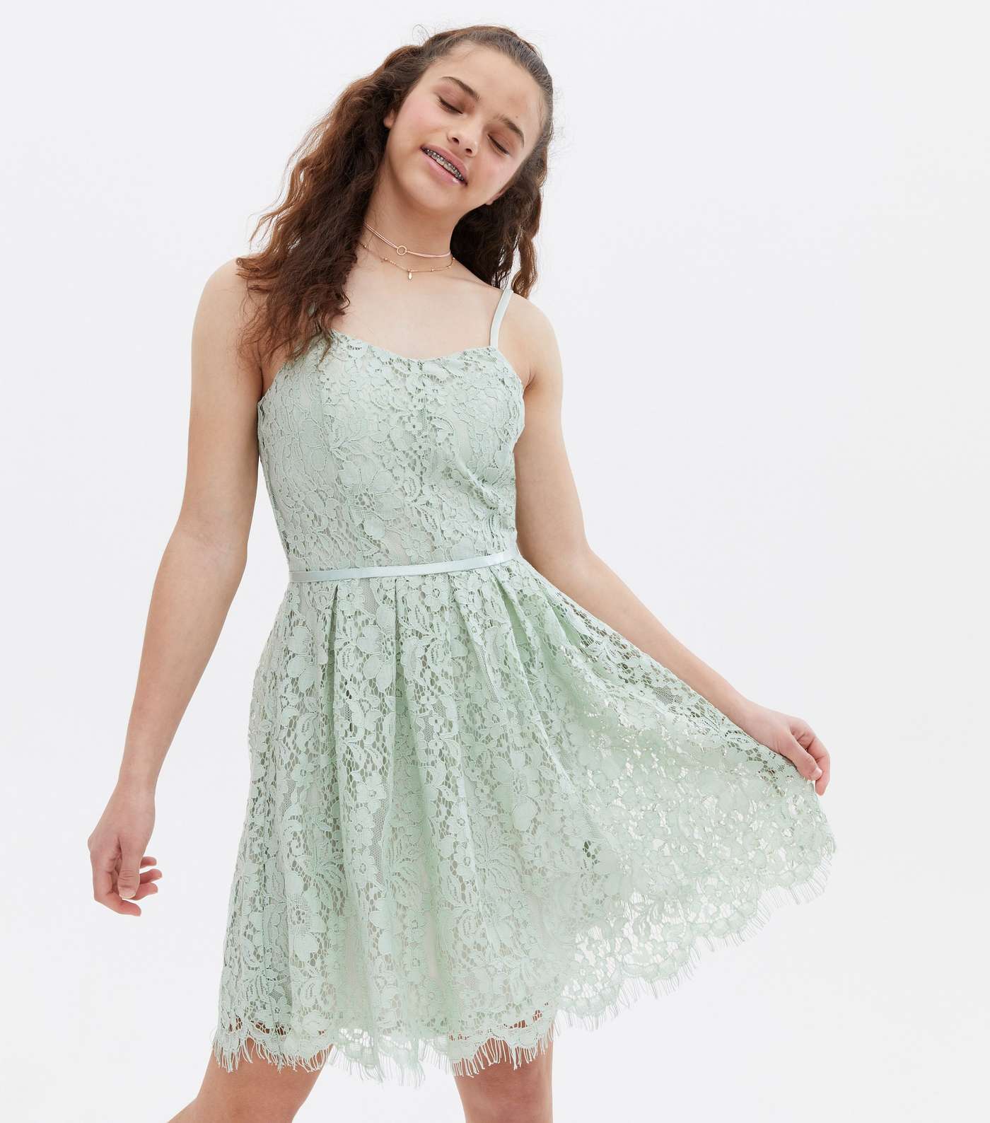 Girls Light Green Lace Strappy Dress Image 2
