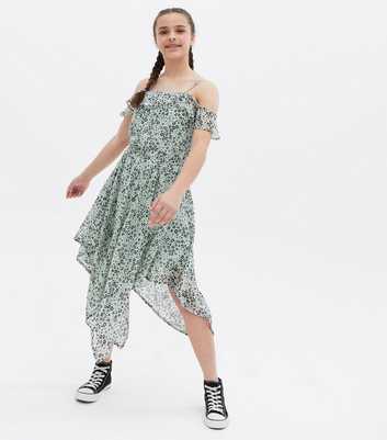 Girls Light Green Animal Print Chiffon Hanky Hem Dress