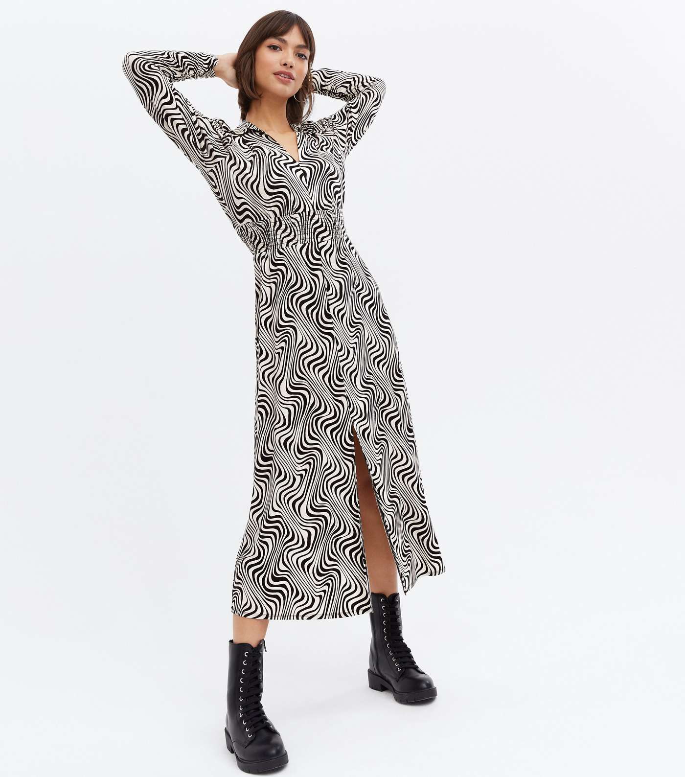 Black Zebra Print Collared V Neck Shirred Midi Dress Image 2