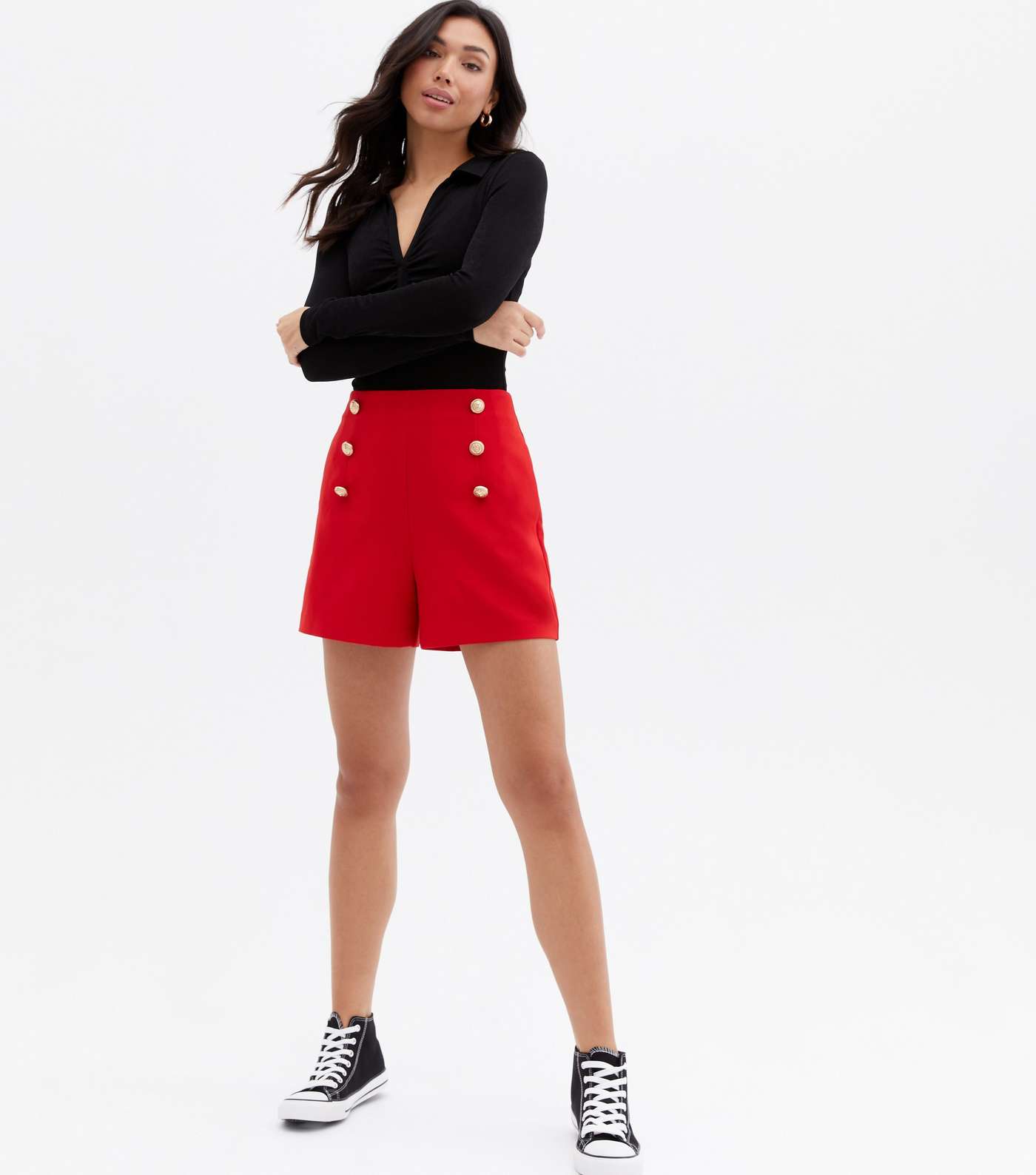 Red Button Front Utility Shorts