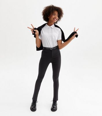 Girls Black Grow Proof Belted Skinny School Trousers New Look