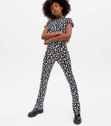 Girls Black Floral High Waist Split Hem Trousers