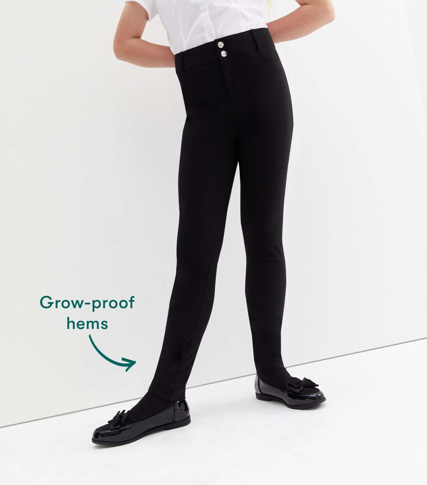 Girls Black Grow Proof Popper Front Skinny School Trousers Image 3