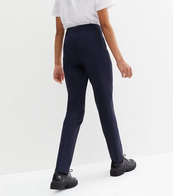 Girls Navy Slim Fit Adjustable Waist School Trousers  New Look