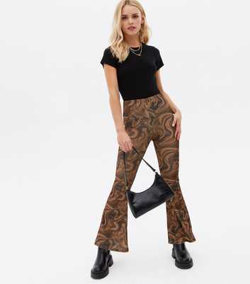 Petite Brown Marble Ribbed Flared Trousers