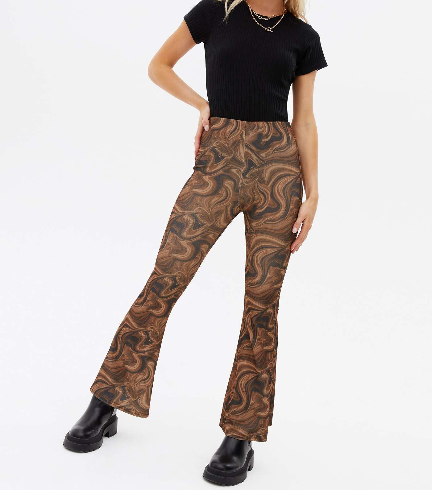 Petite Brown Marble Ribbed Flared Trousers Image 2