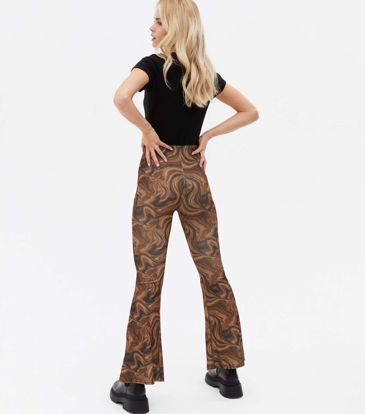 Petite Brown Marble Ribbed Flared Trousers Image 4