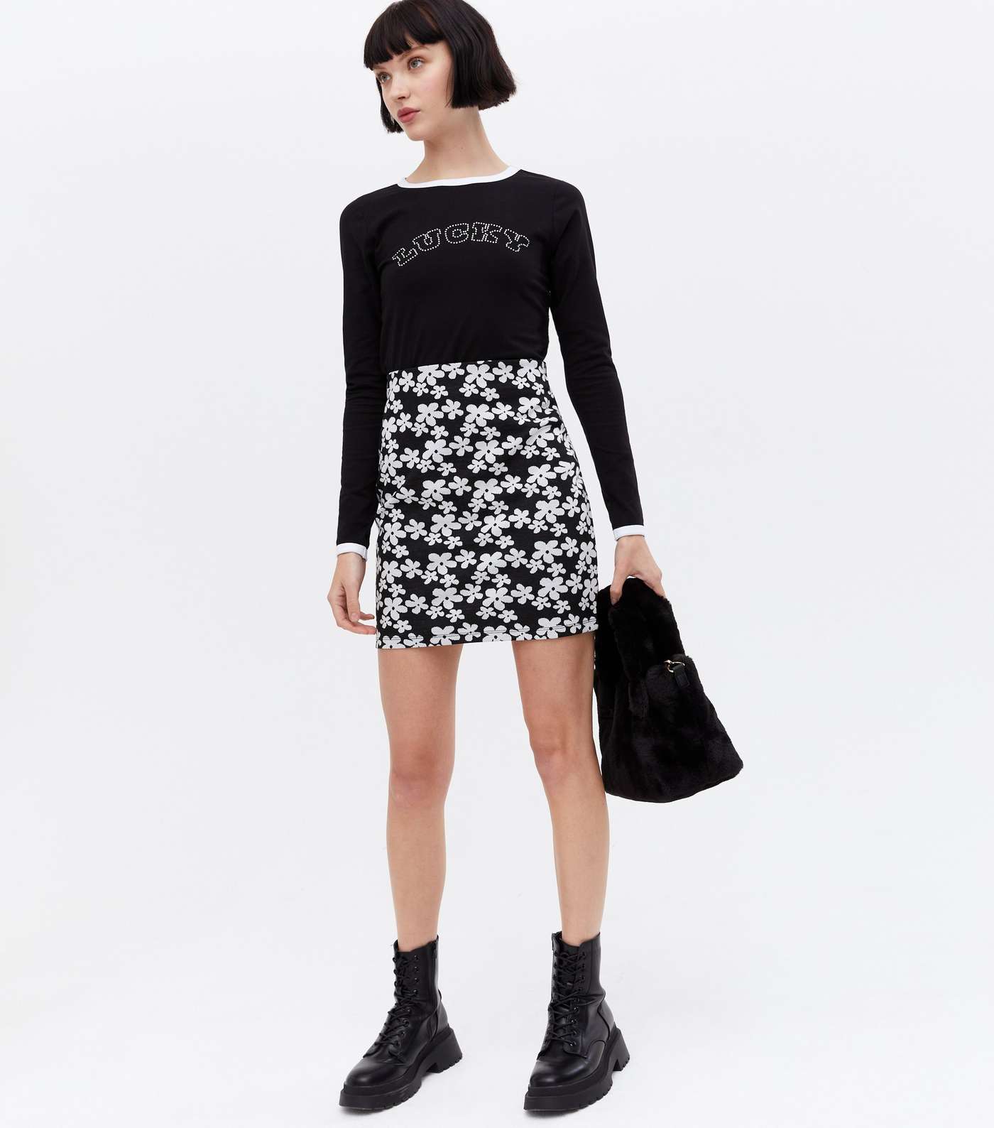 Black Floral Jersey Mini Tube Skirt