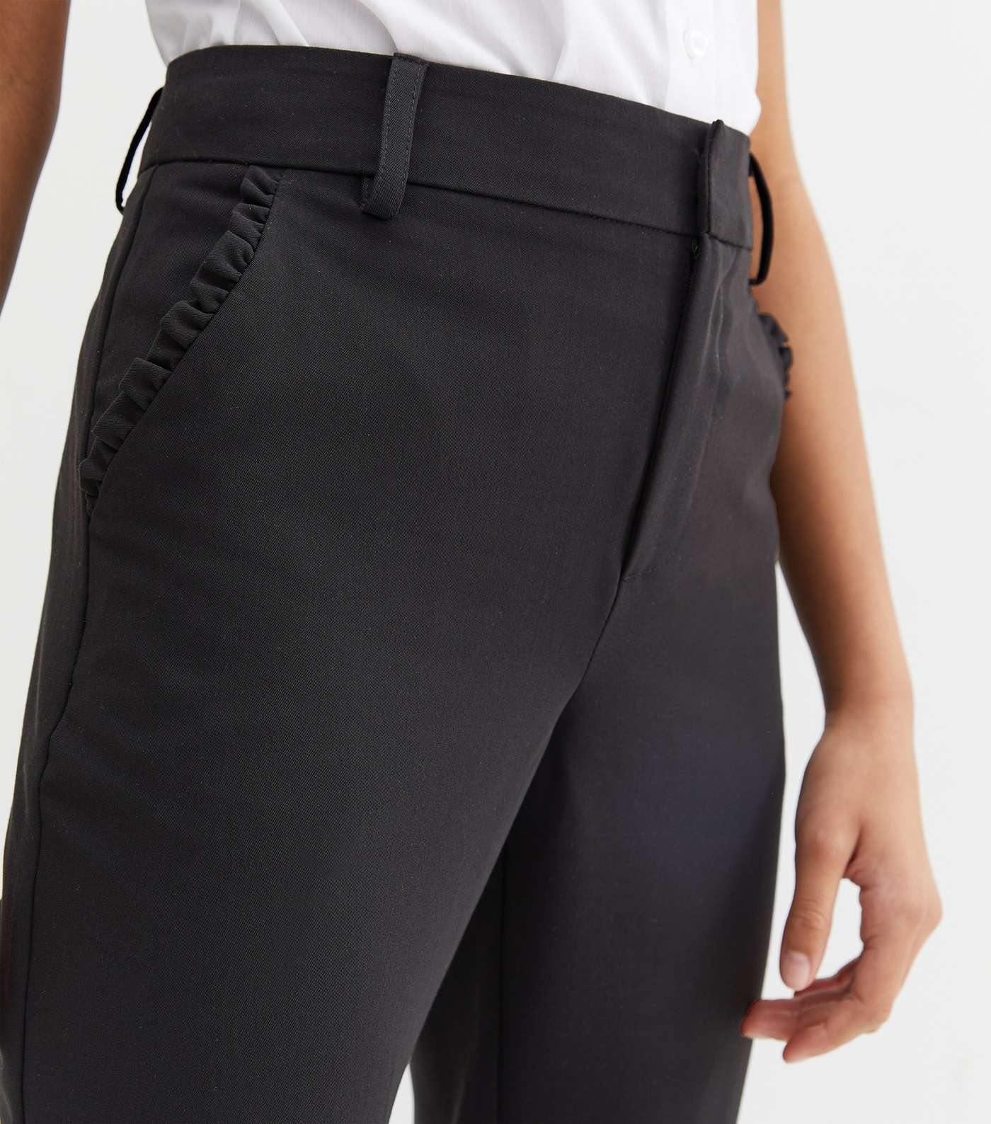 Girls Black Frill Pocket Slim Leg School Trousers Image 3