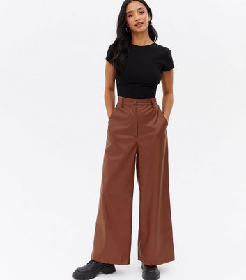 Petite Dark Brown Leather-Look Wide Leg 