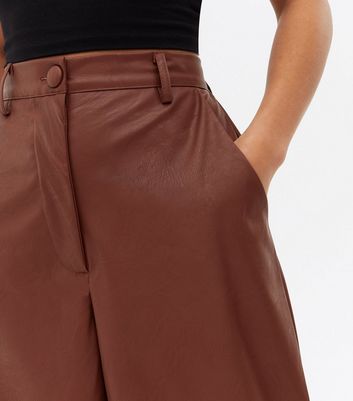 Petite Dark Brown Leather-Look Wide Leg 
